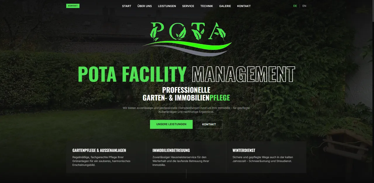 Pamje e webfaqes së POTA Facility Management për kujdesin e objekteve