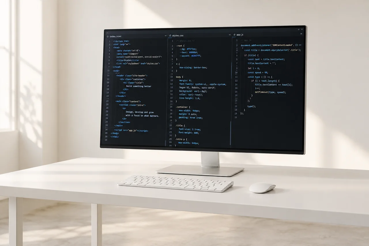 Pamje ilustruese e një tavoline të bardhë me monitor që shfaq kod programimi